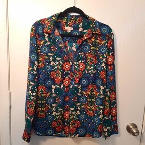 70's Style Floral Partial Button Blouse